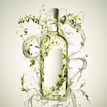 Transparent bottle filled with liquid is standing in the middle of a big splash of water, creating interesting shapes and reflections