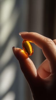 Close-up of hand holding orange capsule, sunlight reflection. Health and wellness concept.