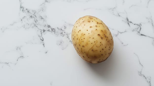 Potato on marble countertop close-up, food photography concept.