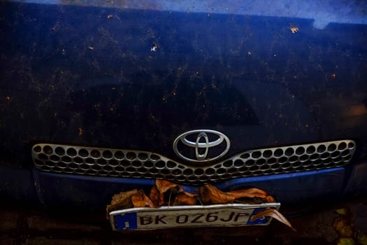 Cremona, Itally - October 6th 2024 Front view of a dirty blue toyota yaris with autumn leaves resting on the license plate, showcasing the effects of changing seasons