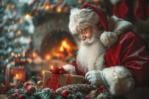 Santa, with his fluffy white beard, lovingly wraps gifts by a warm fireplace, surrounded by festive decor.