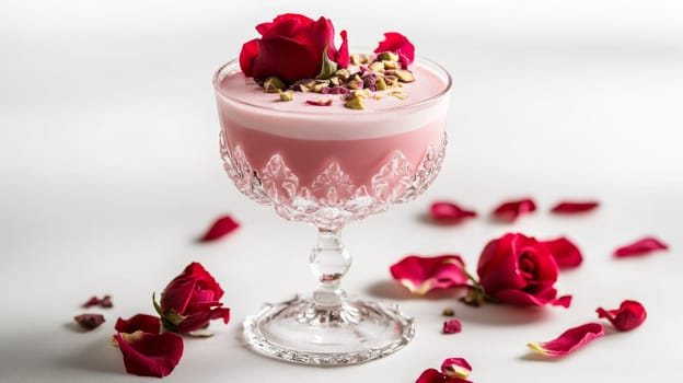 Rose petal cocktail in crystal glass with pistachios on a white background, romantic gourmet concept.