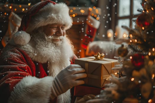 Santa smiles warmly while arranging beautifully wrapped presents under a glowing Christmas tree.