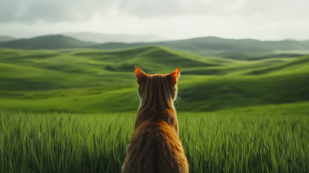 Cat looking at green landscape, calm and serene atmosphere. Nature and tranquility concept.