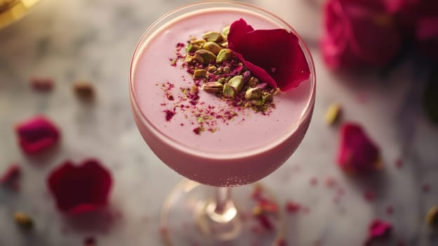Pink rose and pistachio milkshake in glass with petals on marble table. Refreshing summer drink concept.