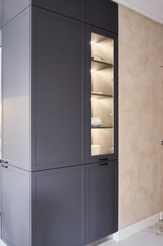 This sleek kitchen cabinet showcases glass display shelves along with a modern and contemporary design