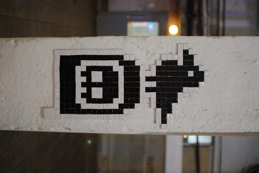 A captivating and striking pixel art installation featuring a charming and playful character in a vibrant city setting