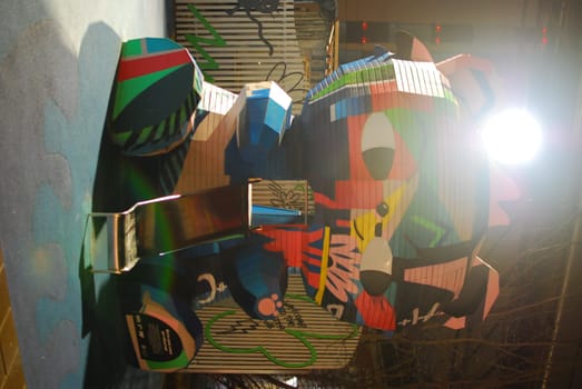 A vibrant and colorful abstract bear sculpture that showcases modern urban artistry and creative expression