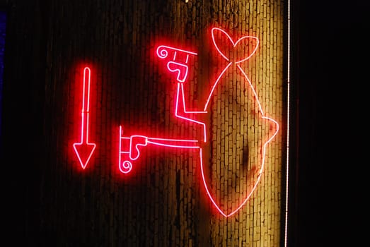 A colorful neon sign with a fish and arrow, creating a playful display that effectively attracts attention
