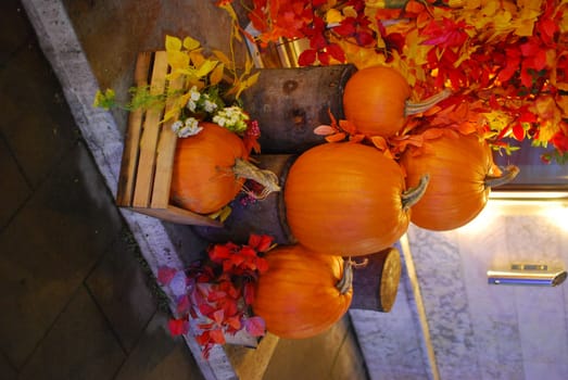A vibrant and stunning autumn display featuring an array of pumpkins along with colorful leaves in warm tones