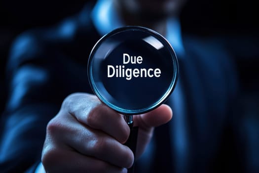 Business professional utilizing advanced digital interface to conduct due diligence processes, leveraging data analysis ..