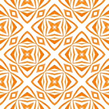 Textile ready uncommon print, swimwear fabric, wallpaper, wrapping. Orange bizarre boho chic summer design. Ikat repeating swimwear design. Watercolor ikat repeating tile border.
