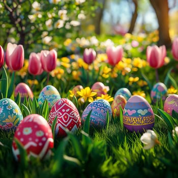 Brightly decorated Easter eggs are hidden in fresh blossoms under warm sunlight, celebrating spring\'s arrival.