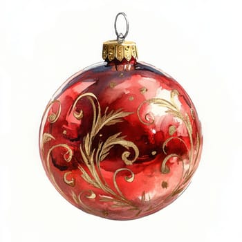 Watercolor shiny red Christmas ornament with intricate gold designs, perfect for festive decorations and holiday cheer.
