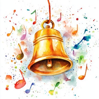 Watercolor vibrant golden bell surrounded by colorful musical notes and splashes.