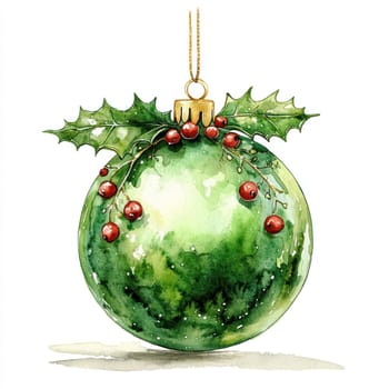 Watercolor shiny green Christmas ornament adorned with holly and berries, perfect for festive decorations. This watercolor artwork captures essence of holiday cheer.