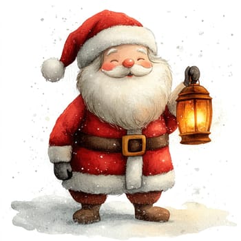 Watercolor cheerful Santa Claus holding lantern, surrounded by falling snowflakes, embodies spirit of holiday season. His warm smile and festive attire create joyful atmosphere.