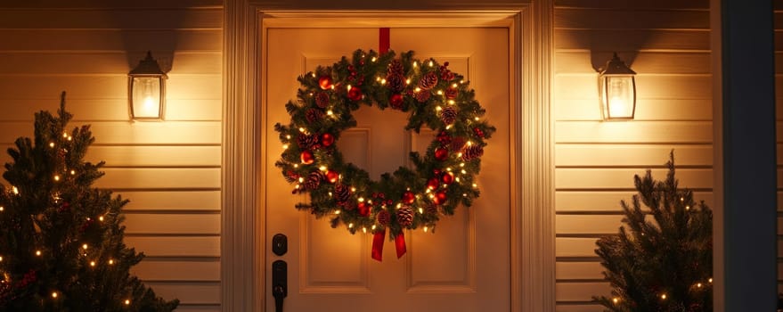 Christmas wreath with lights on front door, warm holiday welcome. Festive decoration concept.