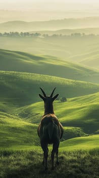 Goat standing on a grassy hill overlooking misty green landscape, peaceful nature view. Tranquility and solitude concept.