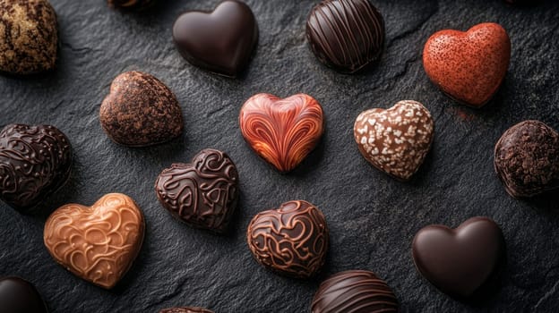 Heart-shaped chocolate pralines on black slate background, gourmet sweets collection. Indulgent luxury and romantic celebration concept.