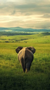 Elephant walking through grassy savannah in the afternoon, peaceful wildlife scene. Nature and conservation concept.
