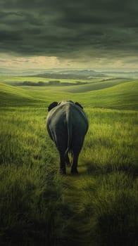 Elephant walking through verdant grassy hills under cloudy sky, tranquil wildlife and nature concept.