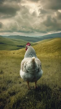 Chicken standing in a grassy field with rolling hills and cloudy sky, serene rural landscape. Nature and agriculture concept.