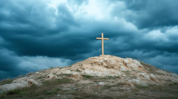 wooden cross on hill beneath stormy sky, spiritual and contemplative landscape concept.