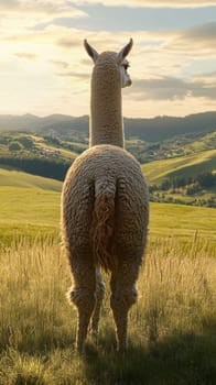 Alpaca standing on a grassy hill overlooking a scenic countryside at sunset, peaceful nature and wildlife concept.