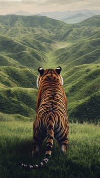 Tiger overlooking lush green hills, wildlife concept.