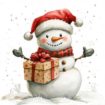 Watercolor cheerful snowman wearing red hat and scarf holds beautifully wrapped gift, surrounded by falling snowflakes, evoking festive winter spirit.