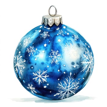 Watercolor shiny blue glass ornament with white snowflake patterns, perfect for festive decorations. This beautiful piece adds touch of winter charm to any holiday setting.