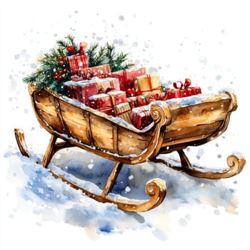 Watercolor wooden sleigh filled with colorful gifts and decorated with greenery, set against snowy background, evokes festive and joyful atmosphere.