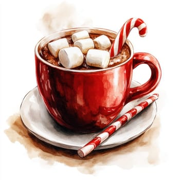 Watercolor steaming mug of hot chocolate topped with marshmallows and candy cane, perfect for cozy moments. Enjoy warmth and sweetness in every sip.
