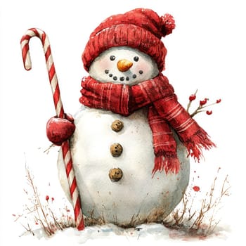 Watercolor Cheerful snowman with red scarf and hat holding candy cane.