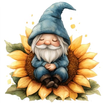 Watercolor tiny gnome with blue hat peacefully rests on sunflower, surrounded by vibrant petals. This whimsical scene captures serene moment in nature.