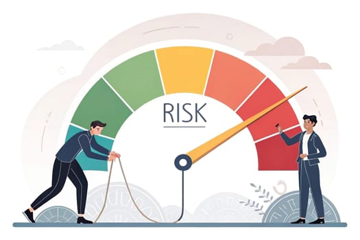This image depicts the intricate process of risk management. Two businessmen are working together to adjust the needle on a large risk meter. The meter is divided into different colored zones, representing varying levels of risk. The businessman on the left is actively pulling a rope attached to the needle, indicating his efforts to mitigate risk. The other businessman is observing the process, possibly analyzing data or making adjustments.