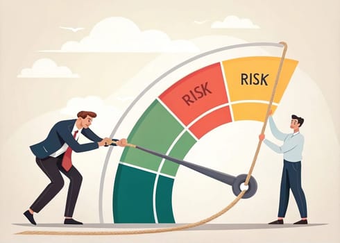 This image depicts the intricate process of risk management. Two businessmen are working together to adjust the needle on a large risk meter. The meter is divided into different colored zones, representing varying levels of risk. The businessman on the left is actively pulling a rope attached to the needle, indicating his efforts to mitigate risk. The other businessman is observing the process, possibly analyzing data or making adjustments.