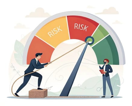This image depicts the intricate process of risk management. Two businessmen are working together to adjust the needle on a large risk meter. The meter is divided into different colored zones, representing varying levels of risk. The businessman on the left is actively pulling a rope attached to the needle, indicating his efforts to mitigate risk. The other businessman is observing the process, possibly analyzing data or making adjustments.