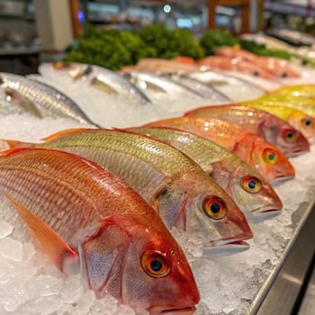Seafood Market Display. A colorful display of fresh fish on ice at a local market. A variety of fish species, including snapper, grouper, and yellowtail, are showcased. The fish are displayed on a bed of ice to keep them fresh. The market offers a wide selection of seafood for customers to choose from. The vibrant colors of the fish create a visually appealing display.