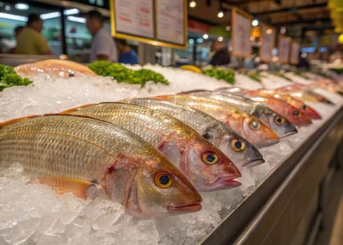Seafood Market Display. A colorful display of fresh fish on ice at a local market. A variety of fish species, including snapper, grouper, and yellowtail, are showcased. The fish are displayed on a bed of ice to keep them fresh. The market offers a wide selection of seafood for customers to choose from. The vibrant colors of the fish create a visually appealing display.