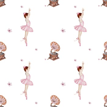 Ballet watercolor pattern. Little ballerina.Hand drawn seamless incredible girl dancer in pink tutu skirt with gramophone. Clip art on isolated white background of cute ballet beauty.Ideal for baby textiles