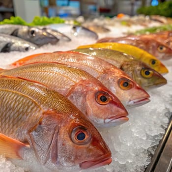 Seafood Market Display. A colorful display of fresh fish on ice at a local market. A variety of fish species, including snapper, grouper, and yellowtail, are showcased. The fish are displayed on a bed of ice to keep them fresh. The market offers a wide selection of seafood for customers to choose from. The vibrant colors of the fish create a visually appealing display.