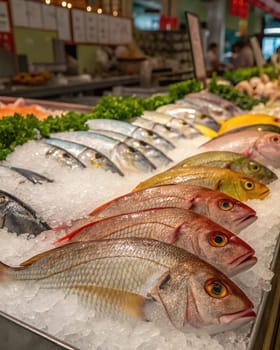 Seafood Market Display. A colorful display of fresh fish on ice at a local market. A variety of fish species, including snapper, grouper, and yellowtail, are showcased. The fish are displayed on a bed of ice to keep them fresh. The market offers a wide selection of seafood for customers to choose from. The vibrant colors of the fish create a visually appealing display.
