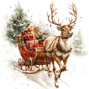 Watercolor reindeer pulls festive sleigh filled with colorful gifts in snowy scene.