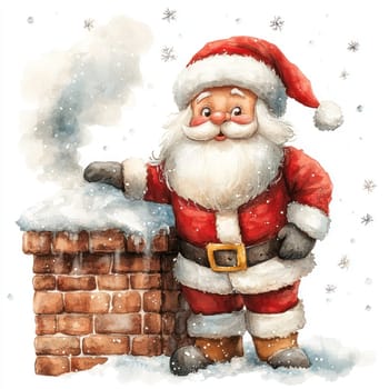 Watercolor Jolly Santa Claus standing by snowy chimney, spreading holiday cheer with warm smile. Perfect for festive decorations and seasonal celebrations.