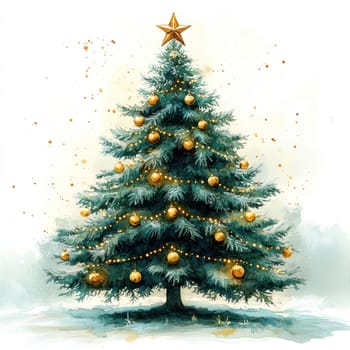 Watercolor beautifully decorated Christmas tree with golden ornaments and star.