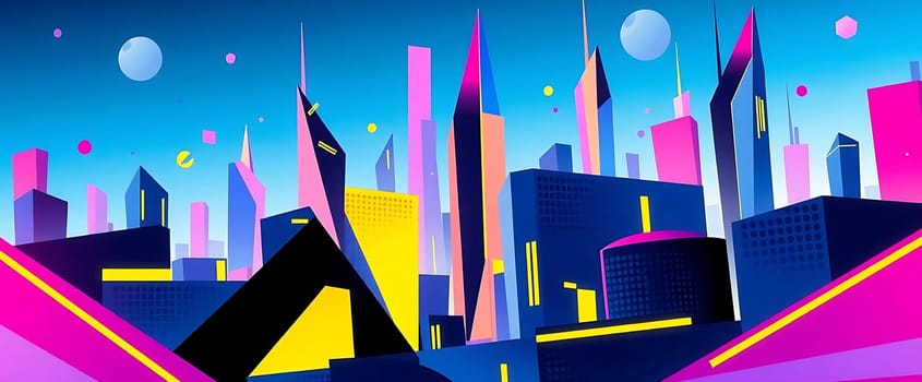 A vibrant futuristic cityscape bursts with neon colors under a twilight sky. Towering skyscrapers in hues of pink, blue, and yellow pierce the air, while playful geometric shapes and floating orbs add a whimsical touch. The mood is energetic and optimistic, suggesting a lively metropolis of tomorrow.