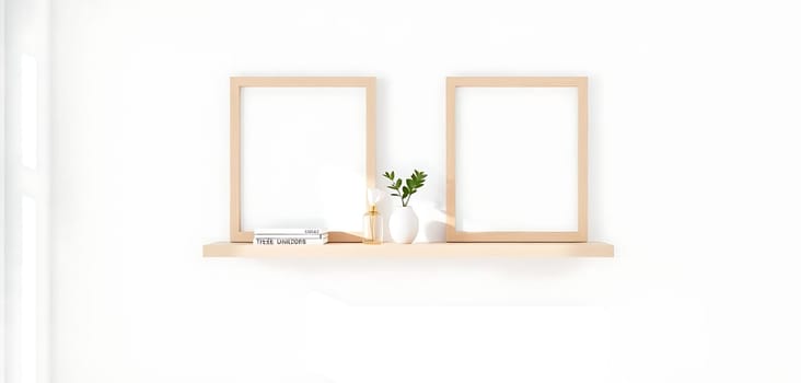 A serene, minimalist shelf holds two empty wooden frames, a white vase with greenery, and a stack of books. The setting is bright and airy, evoking a sense of calm and simplicity.