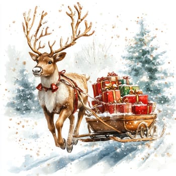 Watercolor reindeer pulls sled filled with colorful gifts through snowy landscape.